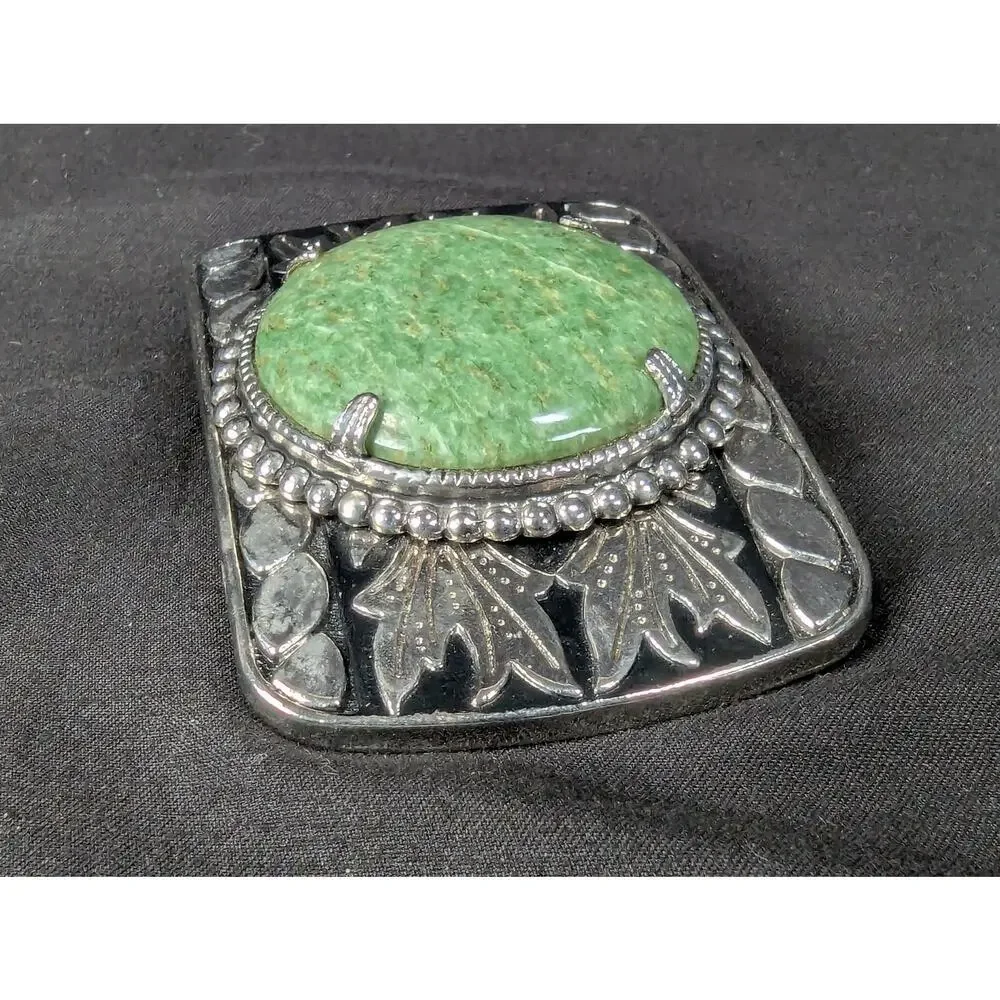 Vintage Western Style Belt Buckle Green Stone Cabochon Leaf Motif Women Acces...